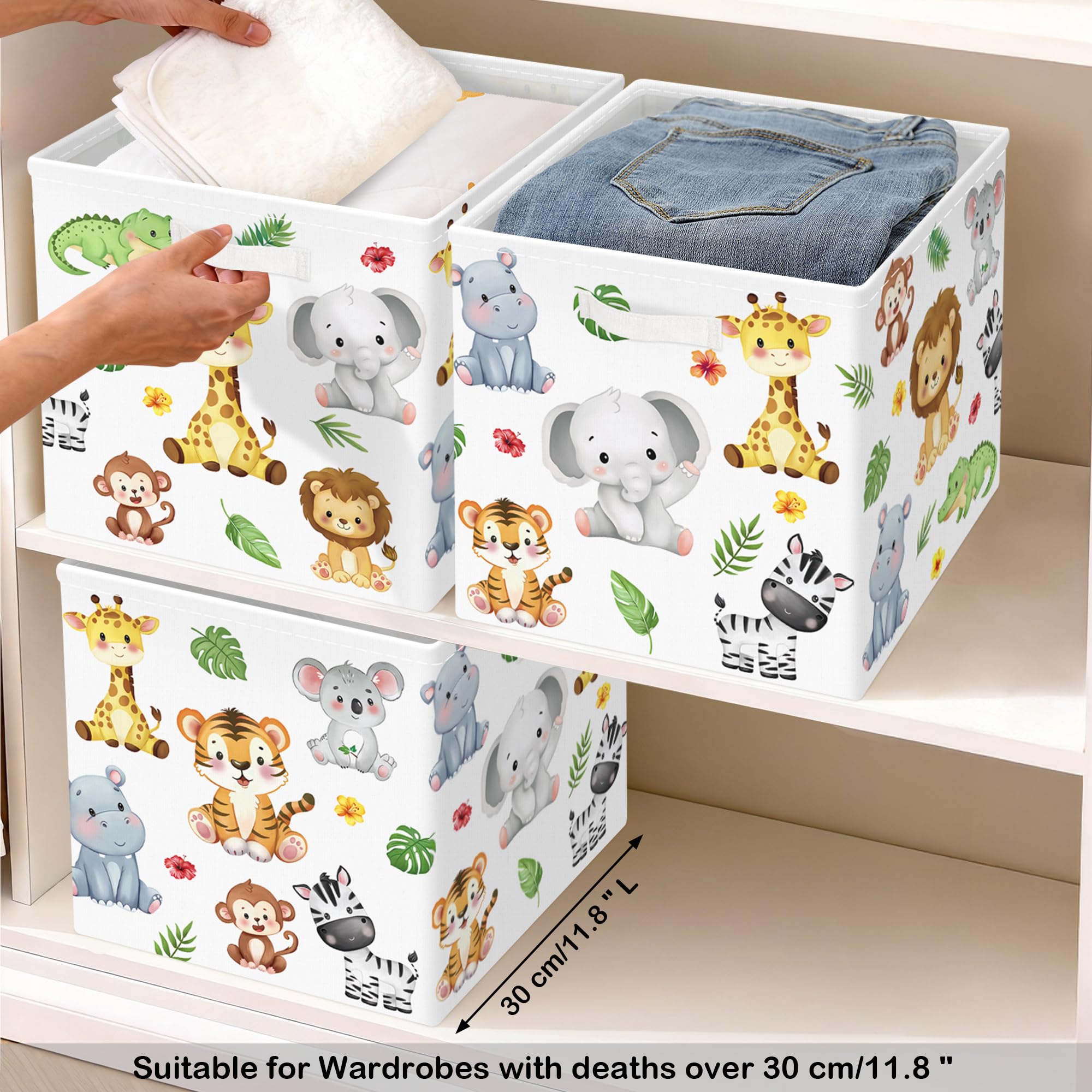 Boîtes de Rangement Lot de 3 Animaux de La Forêt Paniers de Rangement Cube Lion Girafe Enfant Pliables Coffre à Jouets pour Étagères Livres, Tigre