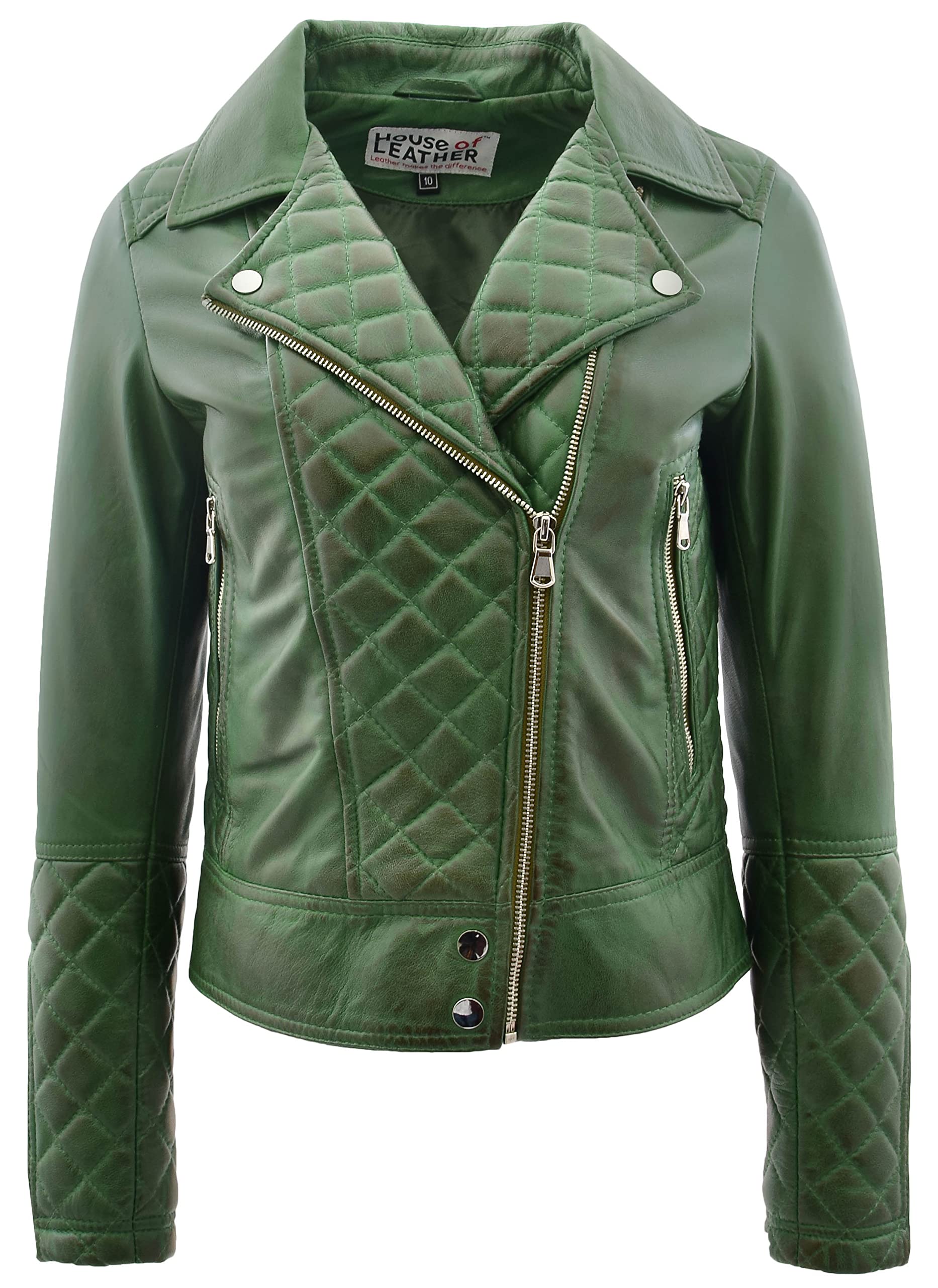 Womens Real Leather Biker Style Jacket with Quilt Detail Ziva (18, Green)