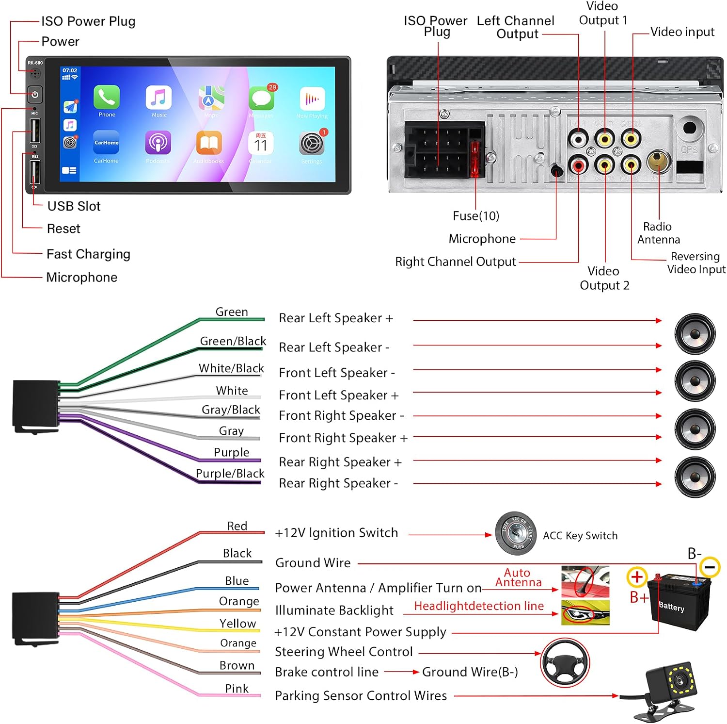 Wiring diagram for REAKOSOUND Single Din Car Radio showing connections for power, speakers, microphone, video input/output, and antenna.