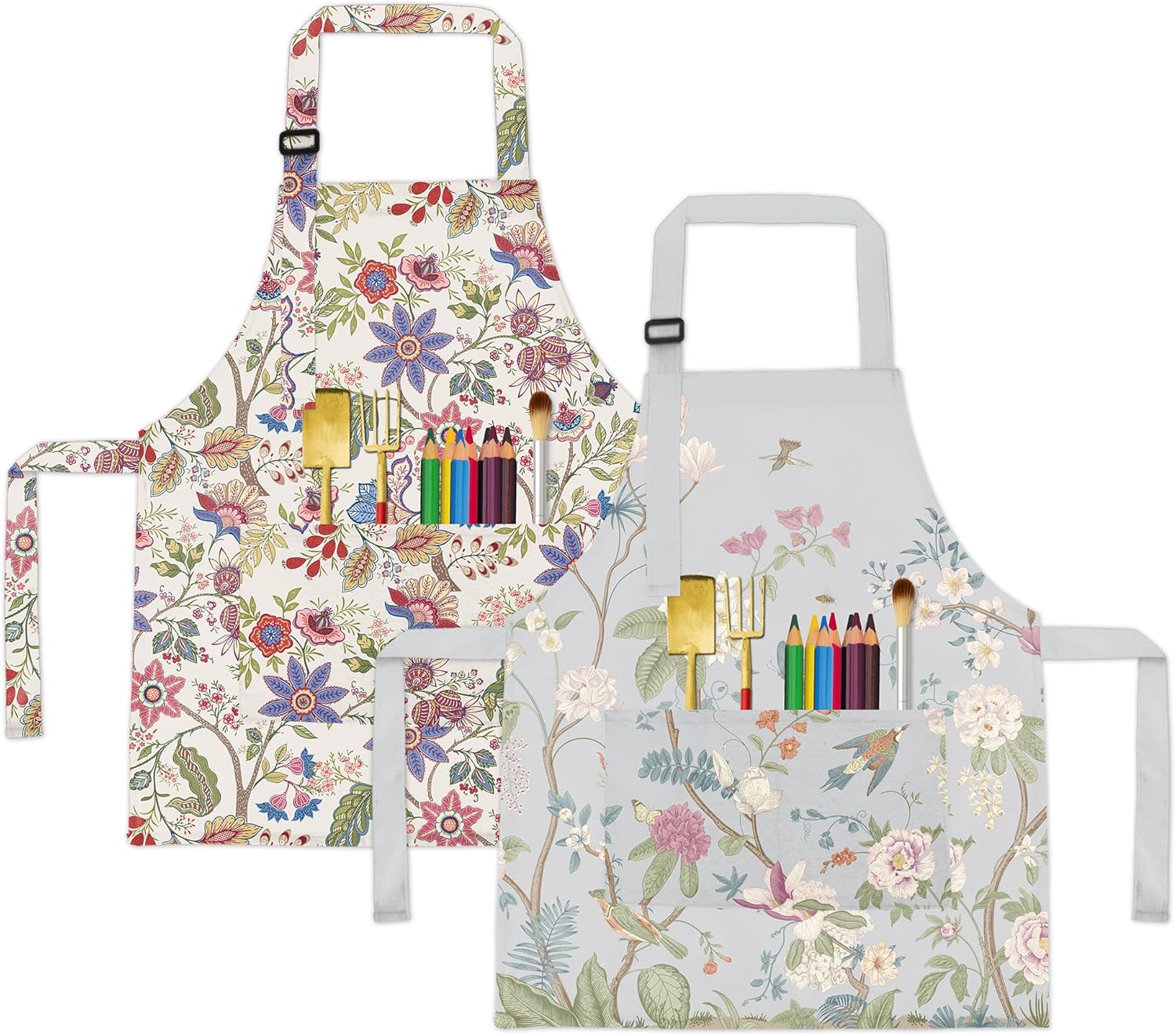 BeeGreen Kids Apron 2 Pack White Grey Floral Kids Painting Aprons with Adjustable Strap & Front Pockets Toddler Aprons for Girls & Boys Artist Smocks for Cooking Baking Kitchen Washable, Medium