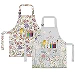 BeeGreen Kids Apron 2 Pack White Grey Floral Kids Painting Aprons with Adjustable Strap & Front Pockets Toddler Aprons for Girls & Boys Artist Smocks for Cooking Baking Kitchen Washable, Medium