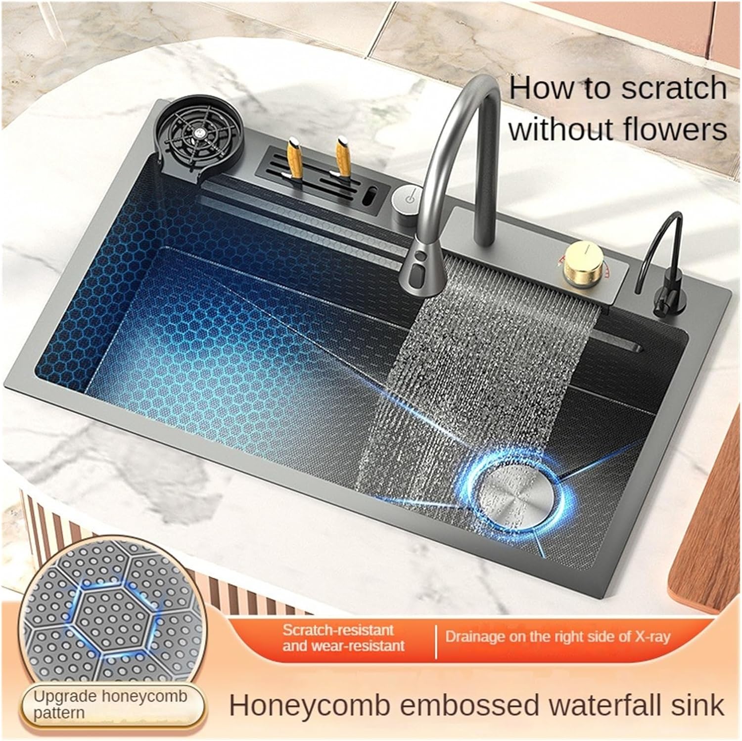 Waterfall Sink Embossed Honeycomb Kitchen Stainless Steel Single Slot Vegetable Washing Basin Under The Table Dishwashing Pool