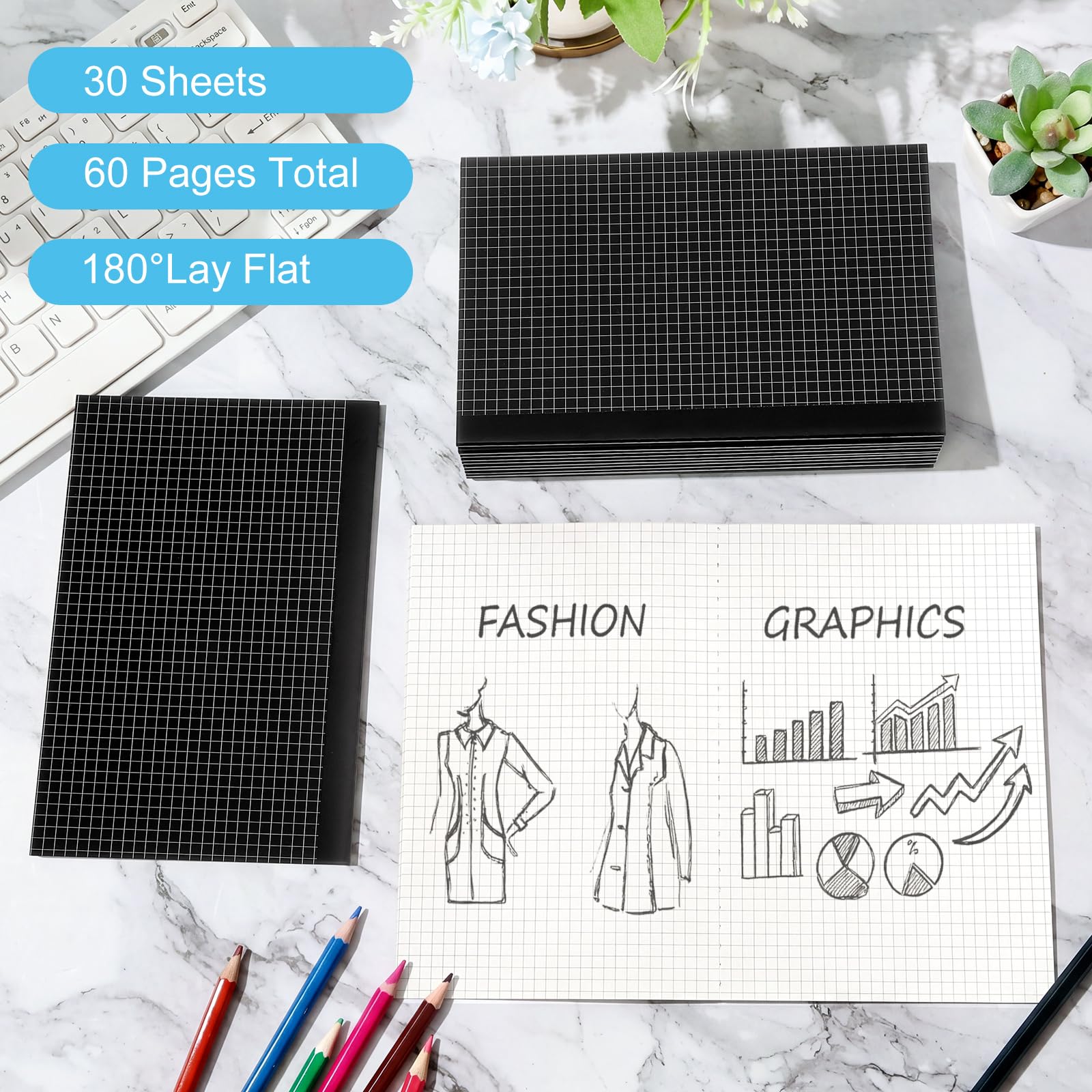 Epakh Confezione da 24 quaderni in carta a righe A5, con composizione a griglia, 20,3 x 14,9 cm, diario di viaggio con dorso nero, 60 pagine a righe per ufficio, scuola e donne