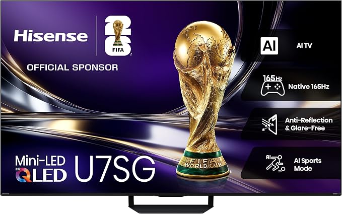 Hisense 85U7SG - 85" Hi-QLED 165Hz Mini-LED PRO Google TV, Hi-View AI Engine PRO, 3000 Nits, Game Mode, 480 Motion Rate, Dolby Vision Gaming, HDR10+ Gaming, 2.1.2 Channel, IMAX Enhanced (2026 Model)
