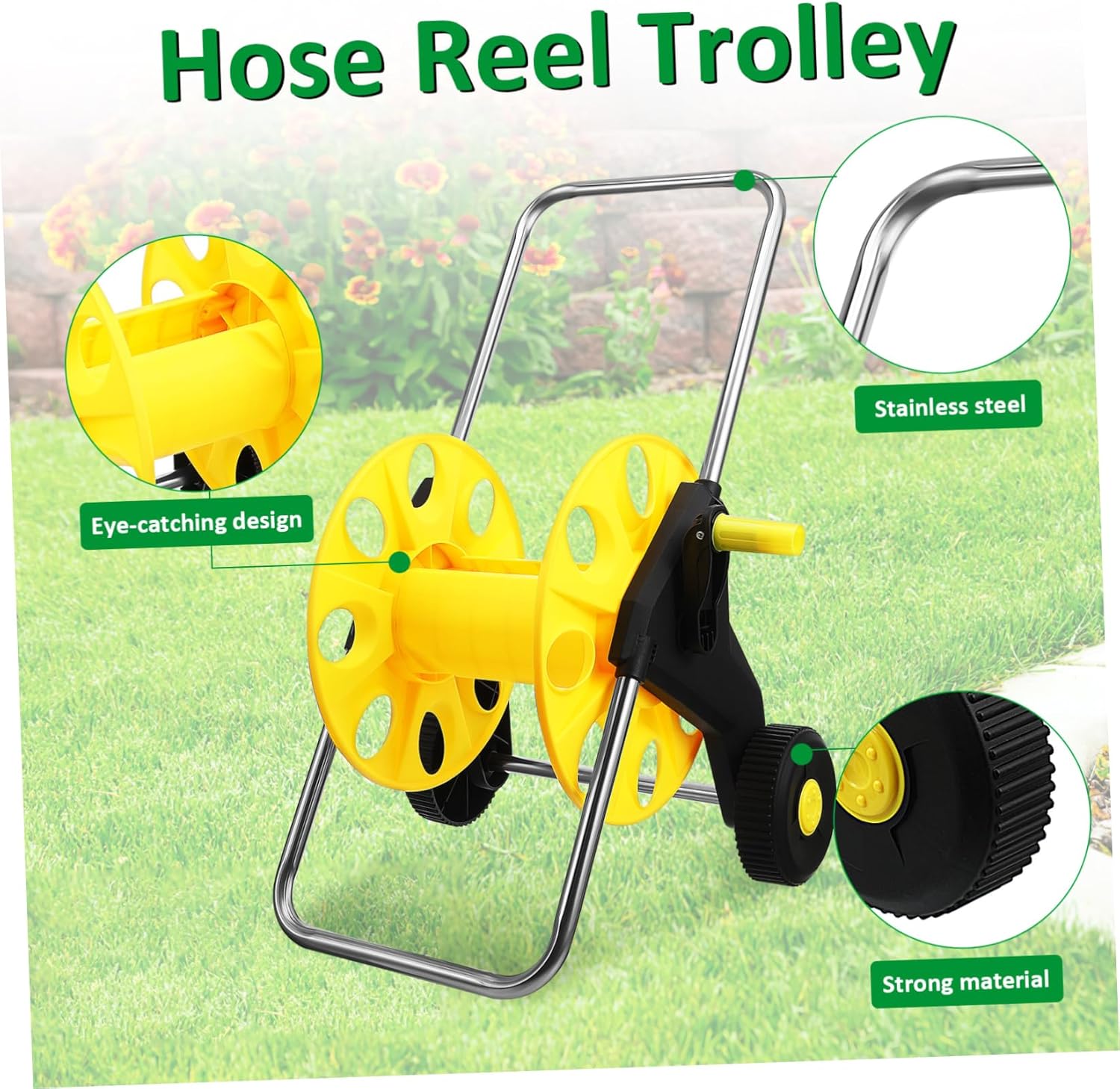 Garden Hose Reel Cart with Wheels Effortless Hand-push Design for Easy Mobility Compact Storage to Prevent Kinks and Tangles Bright Color for Easy Visibility Outdoor Watering and