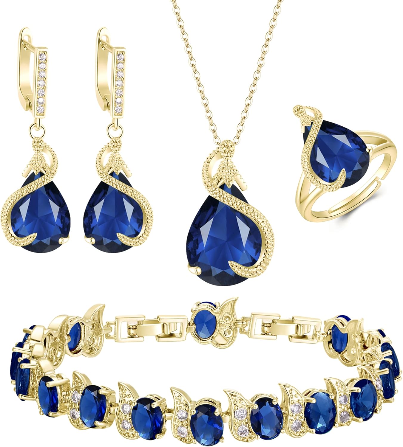 EVER FAITH Wedding Jewelry Set for Bride Bridesmaid, Glamour Teardrop Cubic Zirconia Pendant Necklace Earrings Tennis Bracelet Open Ring Sets for Birthday/Valentine's Day/Mother's Day/Christmas