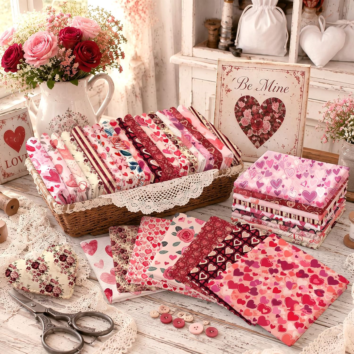 Tudomro 60 Pcs Valentines Day Heart Floral Quilting Fabric 10 x 10 Inch image 5