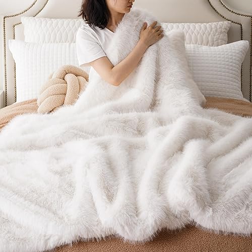 Miniatura 6 de BATTILO HOME Manta de piel sintética blanca de lujo, esponjosa, acogedora, suave y cálida para sofá, silla, cama, manta de felpa de pelo largo con