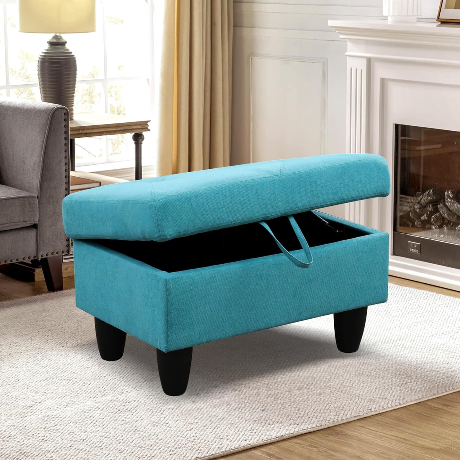28.5'' Ottoman with Storage, Linen Ottoman Foot Rest for Living Room Upholstered Footstool, Perfect Storage Ottoman Bench Bag Floor Chair for Bedroom or Entryway, Green