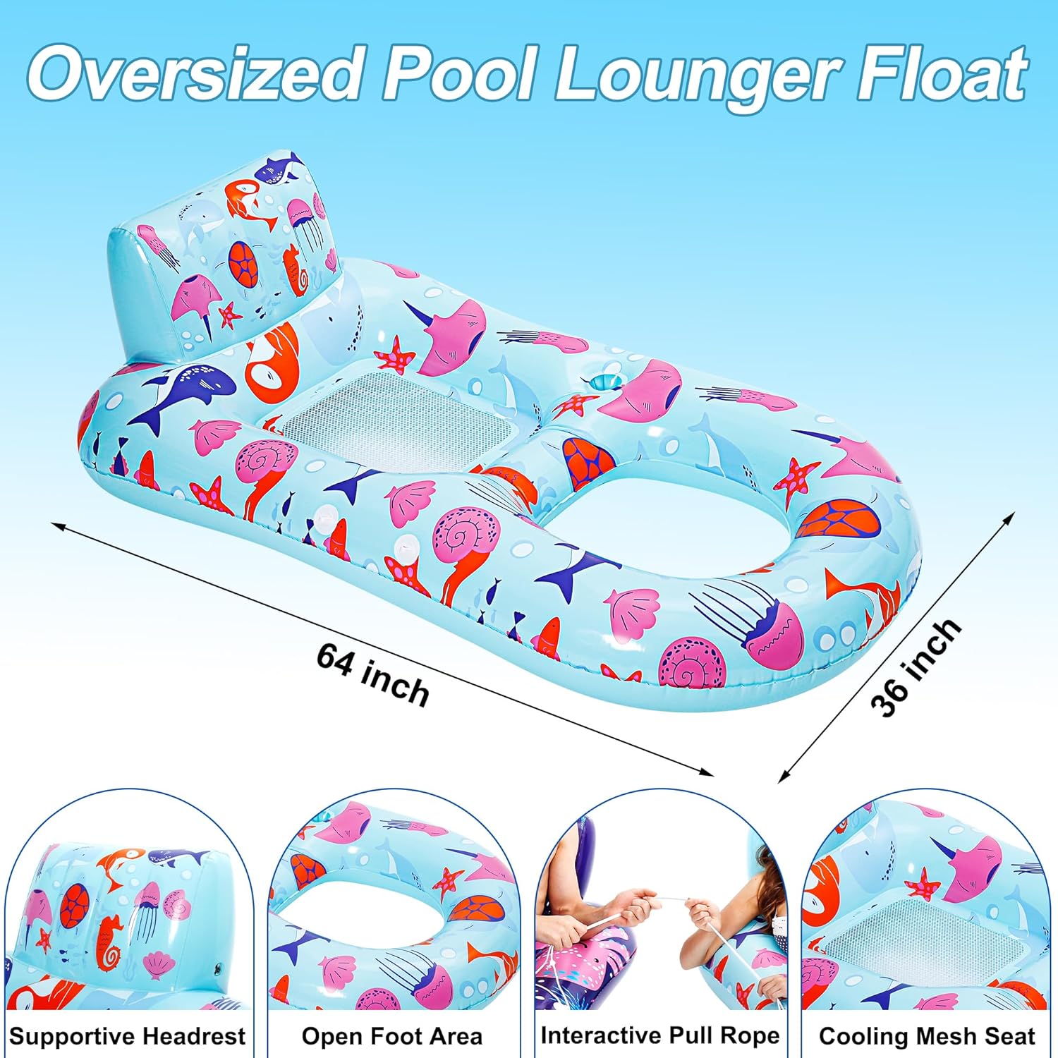 2 Pack Pool Floats Adult, Inflatable Pool Lounger Float Heavy Duty with Cup Holder, Backrest & Footrest Pool Lounge Float Extra Large Pool Rafts for Adults Beach Lake Party