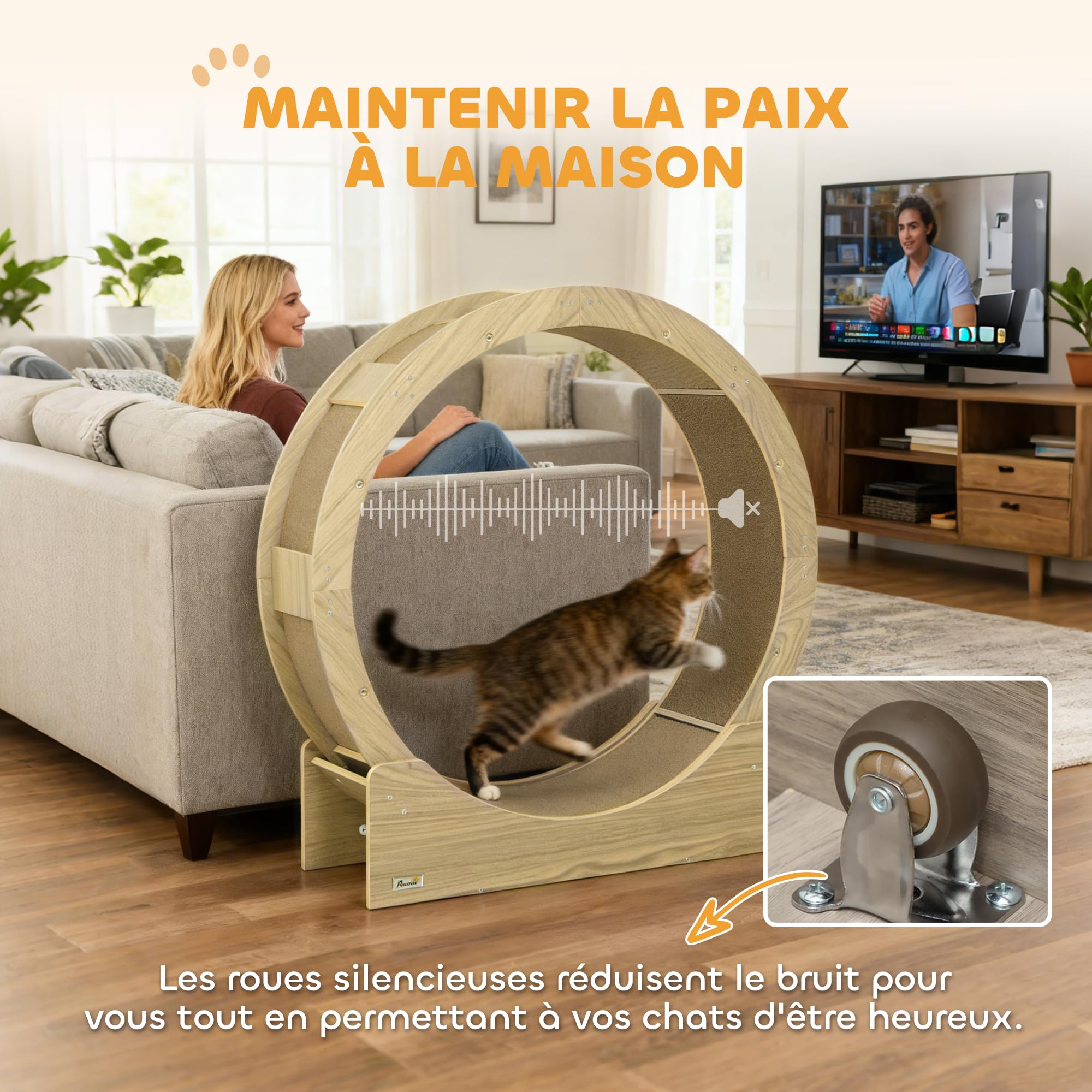 PawHut Roue d'exercice pour chat 91 cm, grande roue de course avec frein sécurisé et tapis de grattage amovible, tapis roulant ultra silencieux, pour perte poids, santé d'animaux de compagnie, naturel