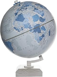 Berknert 12" Diameter Globe, USA Cartography with Mountain Relief, Solid Wood Base and Special Blue Designer Globe Ball. The Berkner is an extraordinary globe with an up-to-date political map and a gorgeous two-tone color palette that offers both style and function. Let your fingertips do the walking and explore over 3,000 place names and feel the raised relief on the surface of this globe. This globe also features a unique “raised relief” embossing that provides a 3D-like texture to various terrains. The globe ball is complemented by a uniquely styled white wood base made from solid ash and matching inclination bracket.