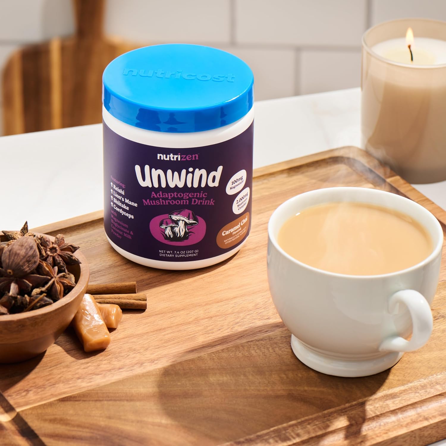 Nutricost Nutrizen PM Unwind Adaptogenic Mushroom Drink (Caramel Chai Flavored) 30 Servings - Includes Reishi, Lion's Mane, Shiitake, Cordyceps
