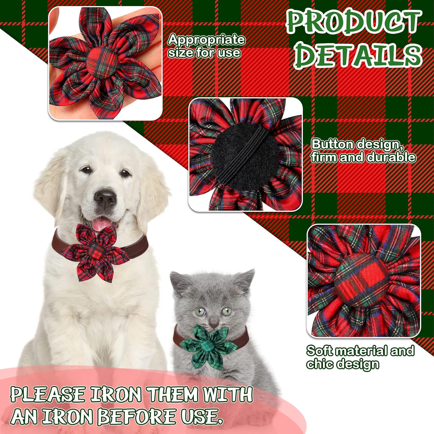 Kigeli 36 Pieces Plaid Christmas Dog Collar Flowers Bulk Dog Bow Ties Dog Charms Grooming for Dog Accessories Small Medium Large Cat Puppy Dog Collar Attachment Christmas Costume