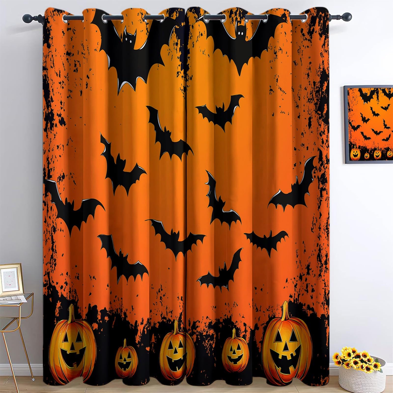 Rideaux 100% occultants 140x260 isolation thermique orange Halloween salon