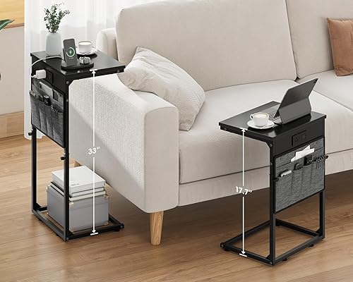 Miniatura 2 de Vagusicc Mesa auxiliar en forma de C con estación de carga, mesa auxiliar de altura ajustable para sofá, mesa de sofá pequeña, mesa de sofá