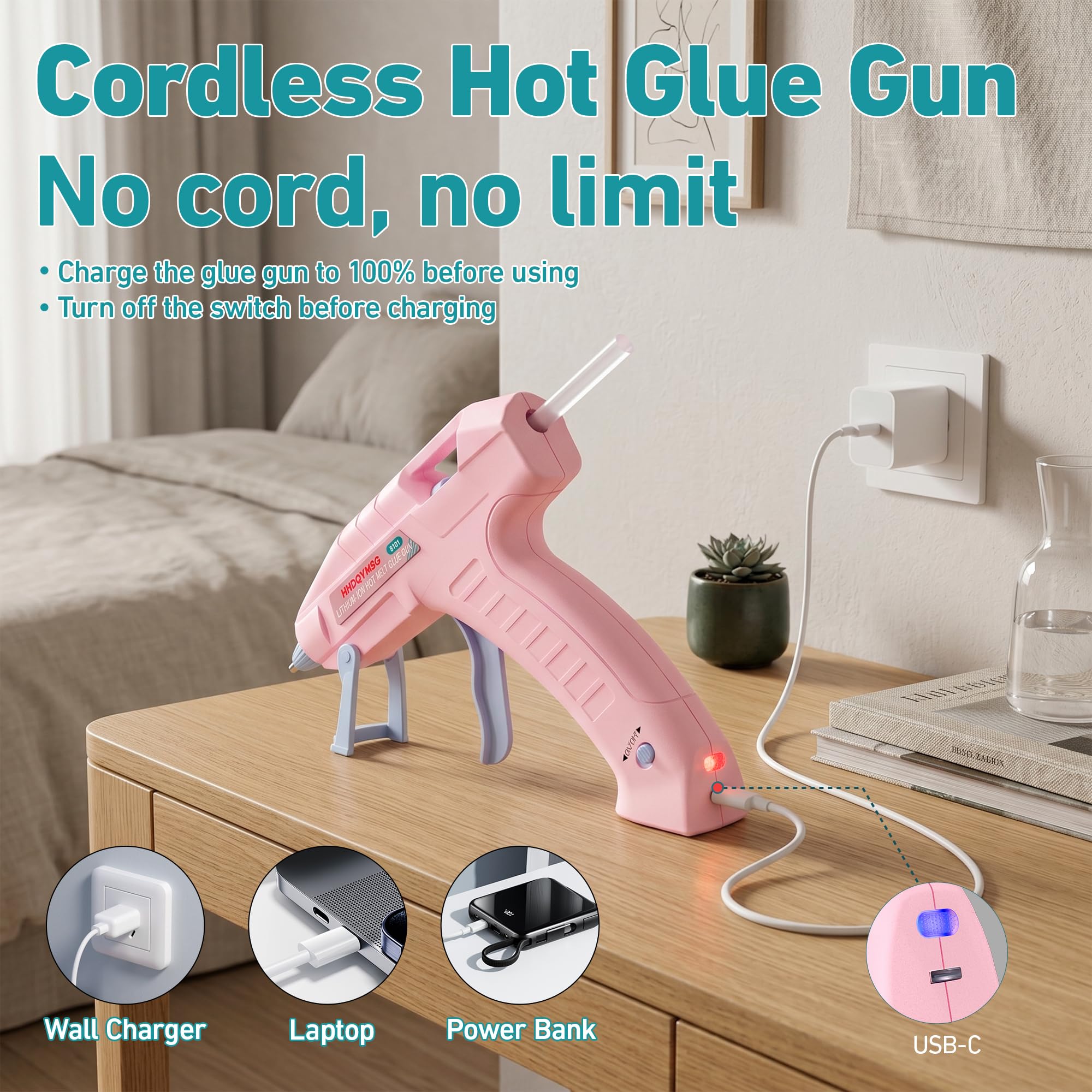 Pistola per colla a caldo senza fili, pistola per colla a caldo da 20 W con 30 bastoncini di colla premium e cavo USB-C da 1 m, batteria integrata da 2000 mAh