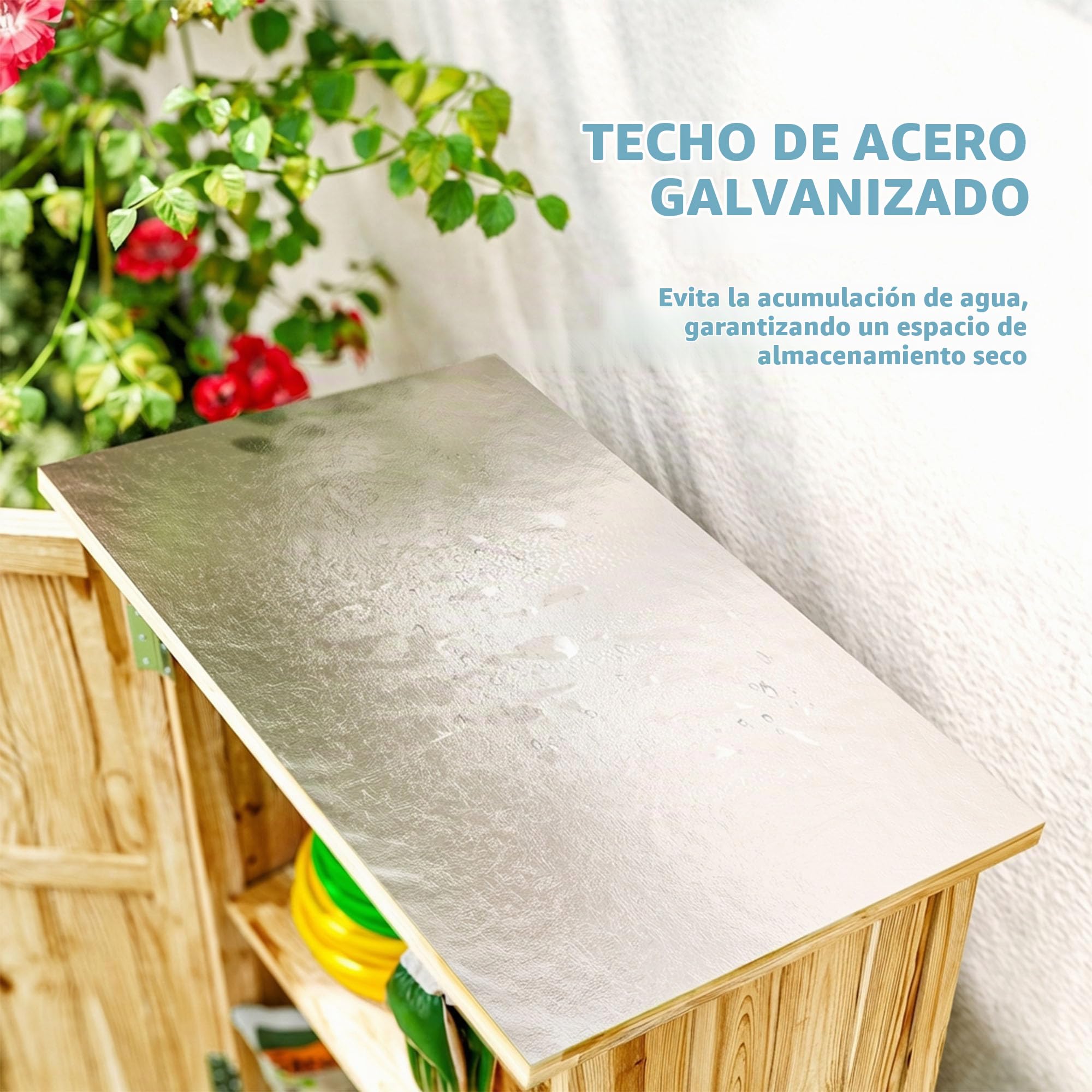 Outsunny Caseta de Jardín de Madera con 2 Estantes 63,5x40x90 cm Natural | Cobertizo Jardín Exterior, Armario para Almacenaje de Herramientas, Puerta Tipo Granero, Techo Acero Galvanizado