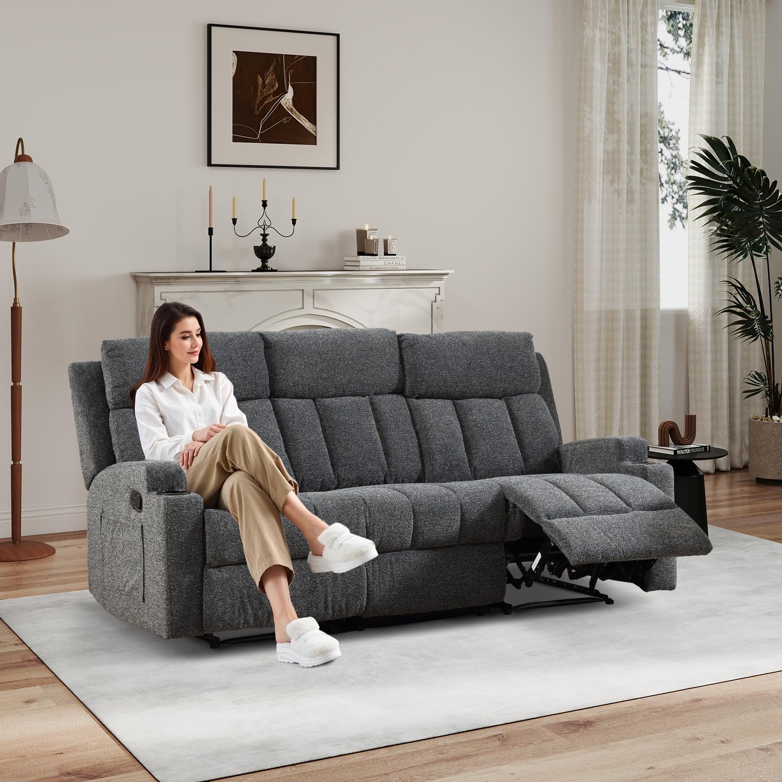 CANMOV Manual Recliner Sofa Set, 3 Seat Recliner with Side Pockets and Cup Holders, Sofa Couch with Adjustable Footrest for Living Room/Office/Home Theater, Dark Grey view 7