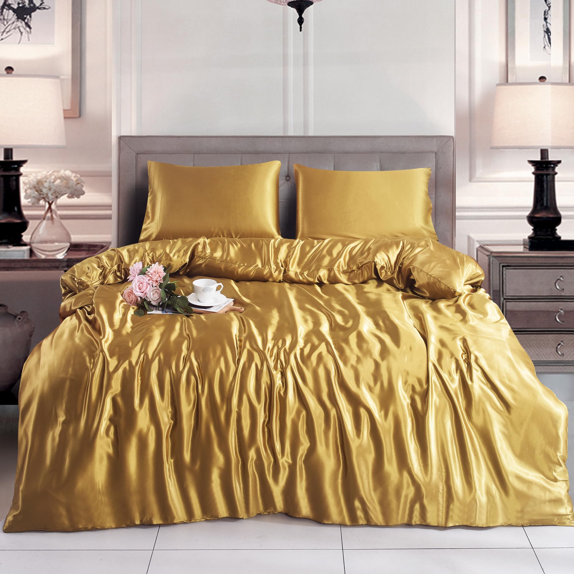 BOSKI LONDON Luxury Satin Silk Duvet Cover Set | 3 Piece Bedding Set with Pillowcases | Soft Breathable Quilt Cover with Zip | Single Double King Sizes (DULL-GOLD, KING)