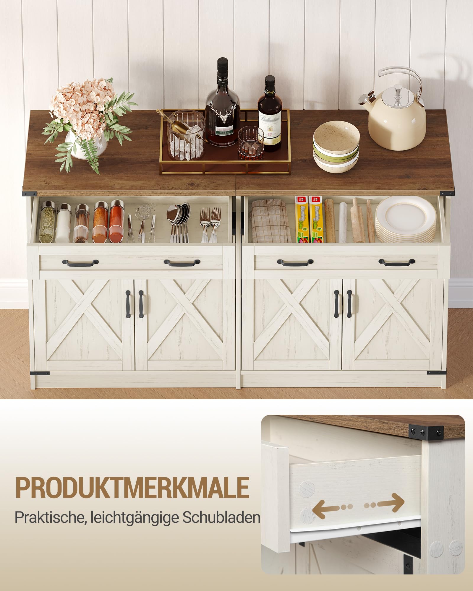 Hzuaneri Küchenschrank, Buffetschrank mit 2 Schublade, Sideboard mit 4 Türen, Verstellbare Einlegeböden, Landhausstil, Küche, Wohnzimmer, 40 x 140 x 80 cm, Vintageweiß-honigbraun, SC94814X