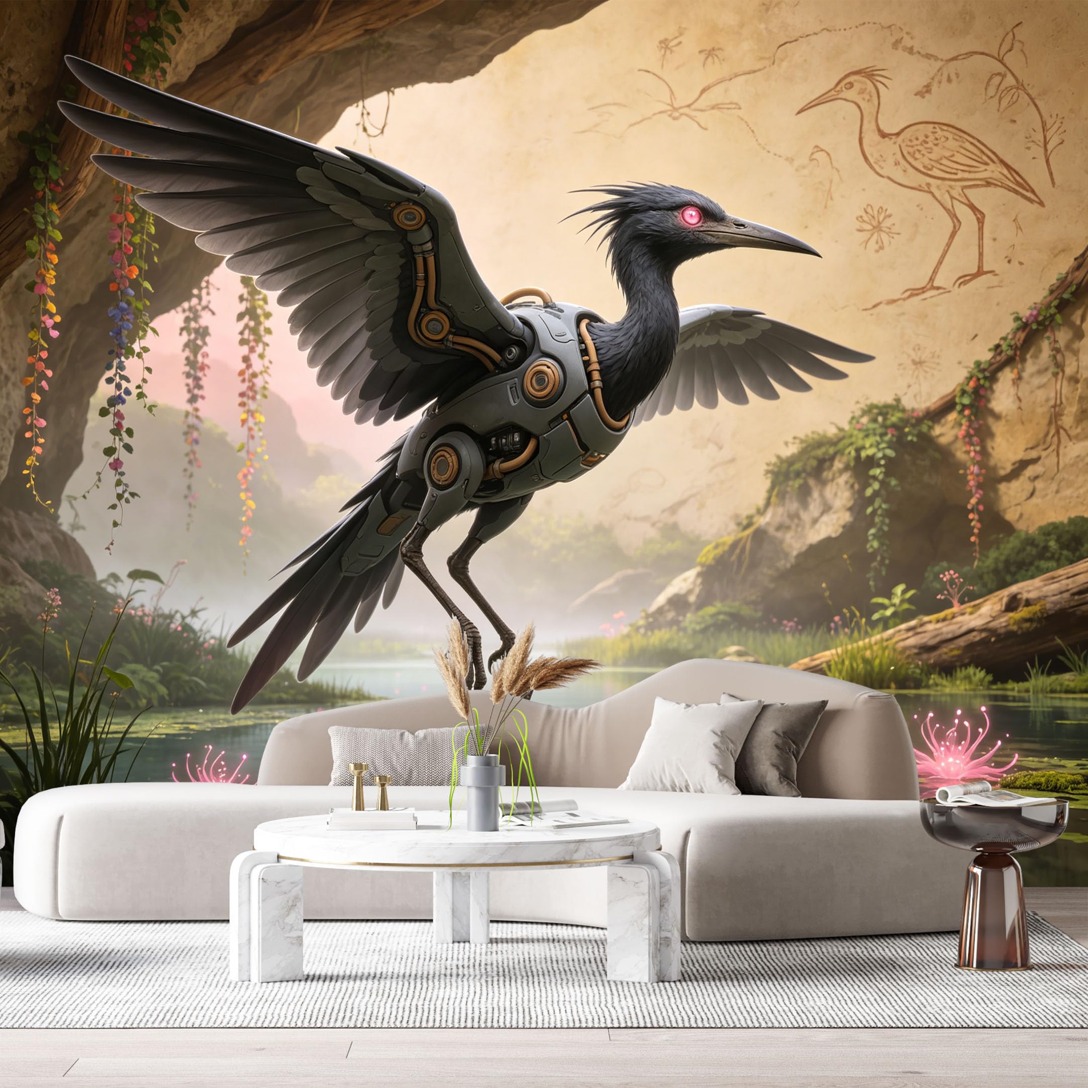 Custom Size Wall Mural Mechanical Bird Cybernetic Creature Futuristic Nature Scene SciFi Forest SelfAdhesive Art Prints Removable Large Wallpaper Esports Room Game Room Tenant Room Studio