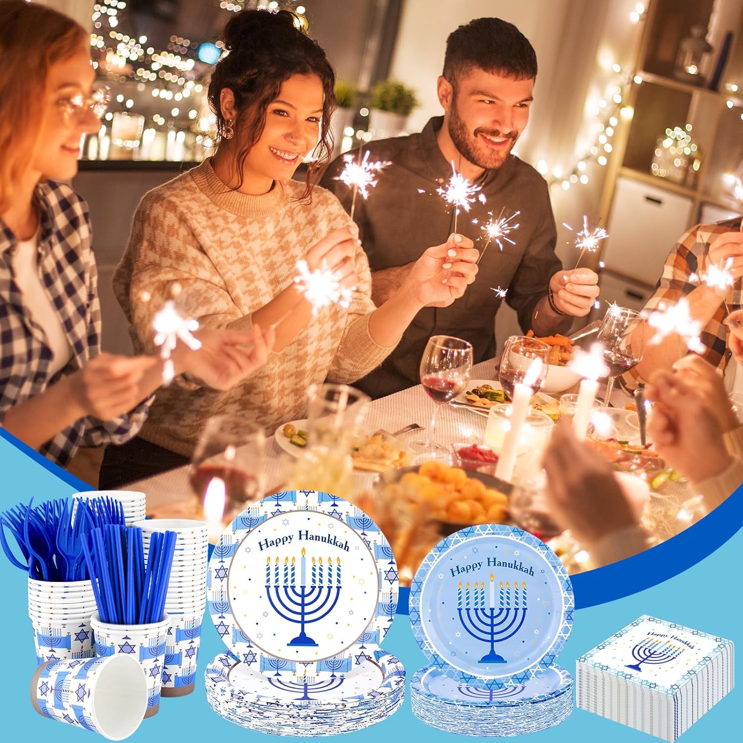 Sliner 400 Pcs Hanukkah Party Supplies Serve 50 Guests, with 9" Dinner Plates 7" Dessert Plates 9 oz Cups Hanukkah Napkins Straws Plastic Spoons Forks Knives for Chanukah Party