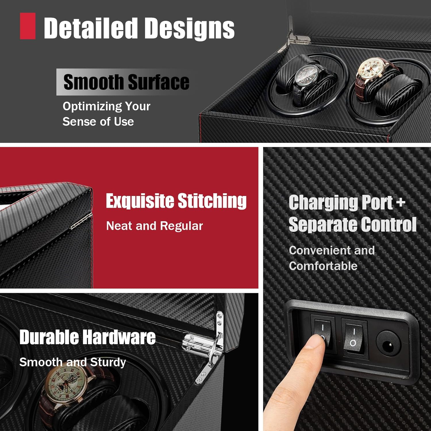 Watch Winder, Automatic Watch Winder Case with 4 Quiet Running Motor Watch Winding Display+ 6 Storage Case, Rotating Watch Winder Box Watch Storage Case for Man & Woman's Watches, 12.2 * 9.44In