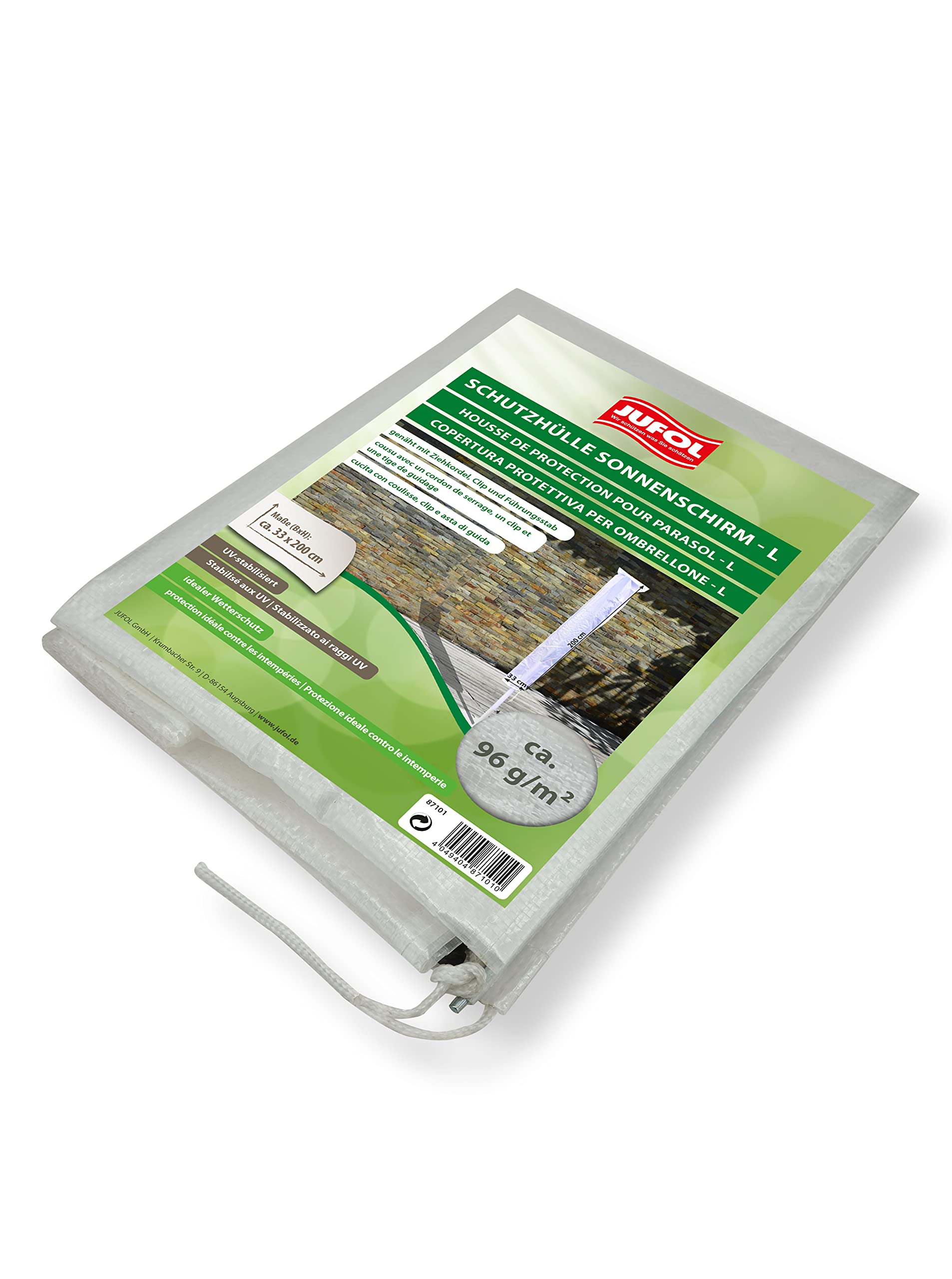 JUFOL 87101 Protective Cover for Parasols L Approx. 33 x 200 cm Stitched Garden Furniture with Pull Cord Clip and Guide Rod Transparent