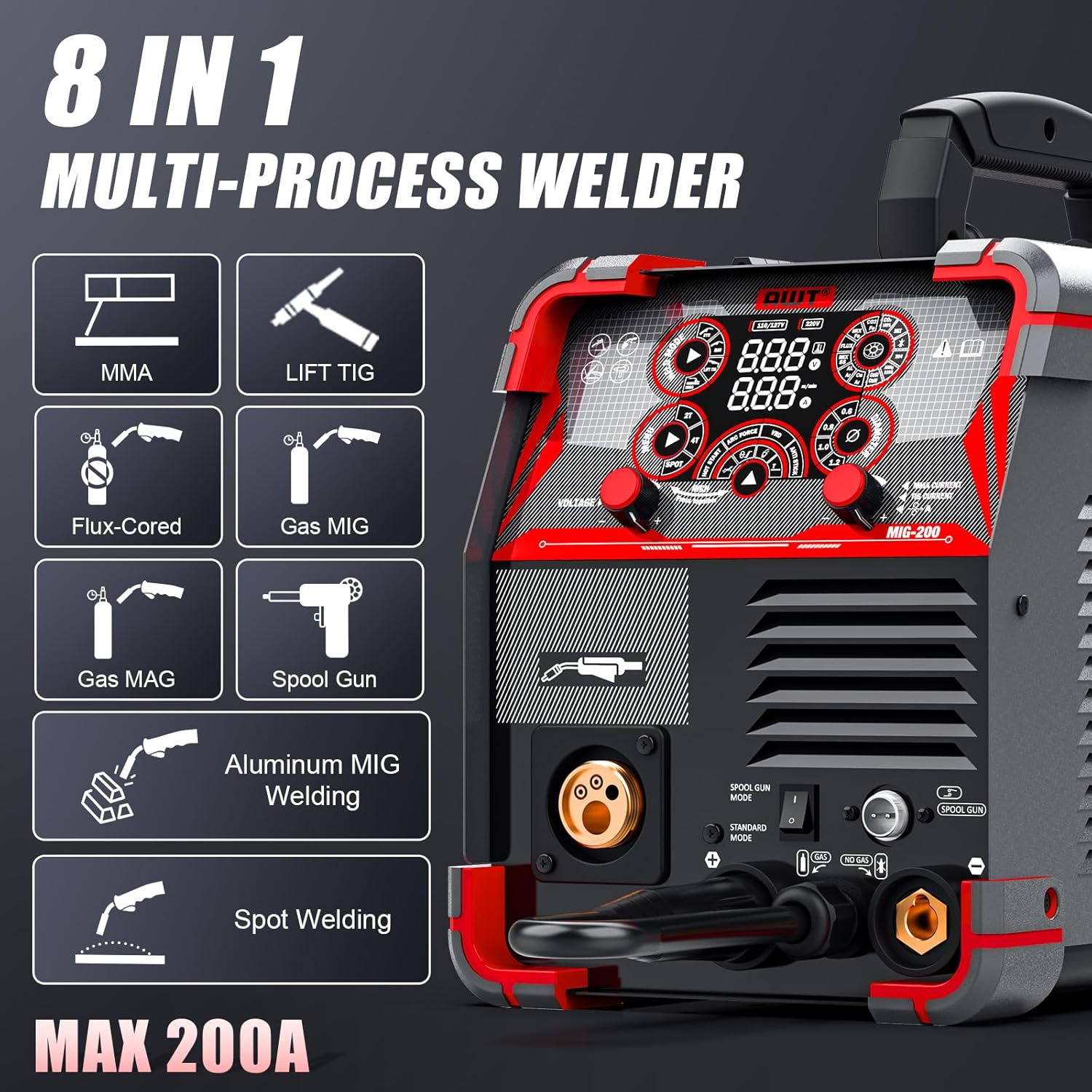 AWT MIG Welder, 200Amp 8 in 1 Gas MIG/Gasless Flux Core MIG/Stick/Lift TIG/Spot Welding/Spool Gun Aluminum MIG Welder, 110/220V Dual Voltage, Multi-Process Welding Machine With LED Digital Display MIG-200