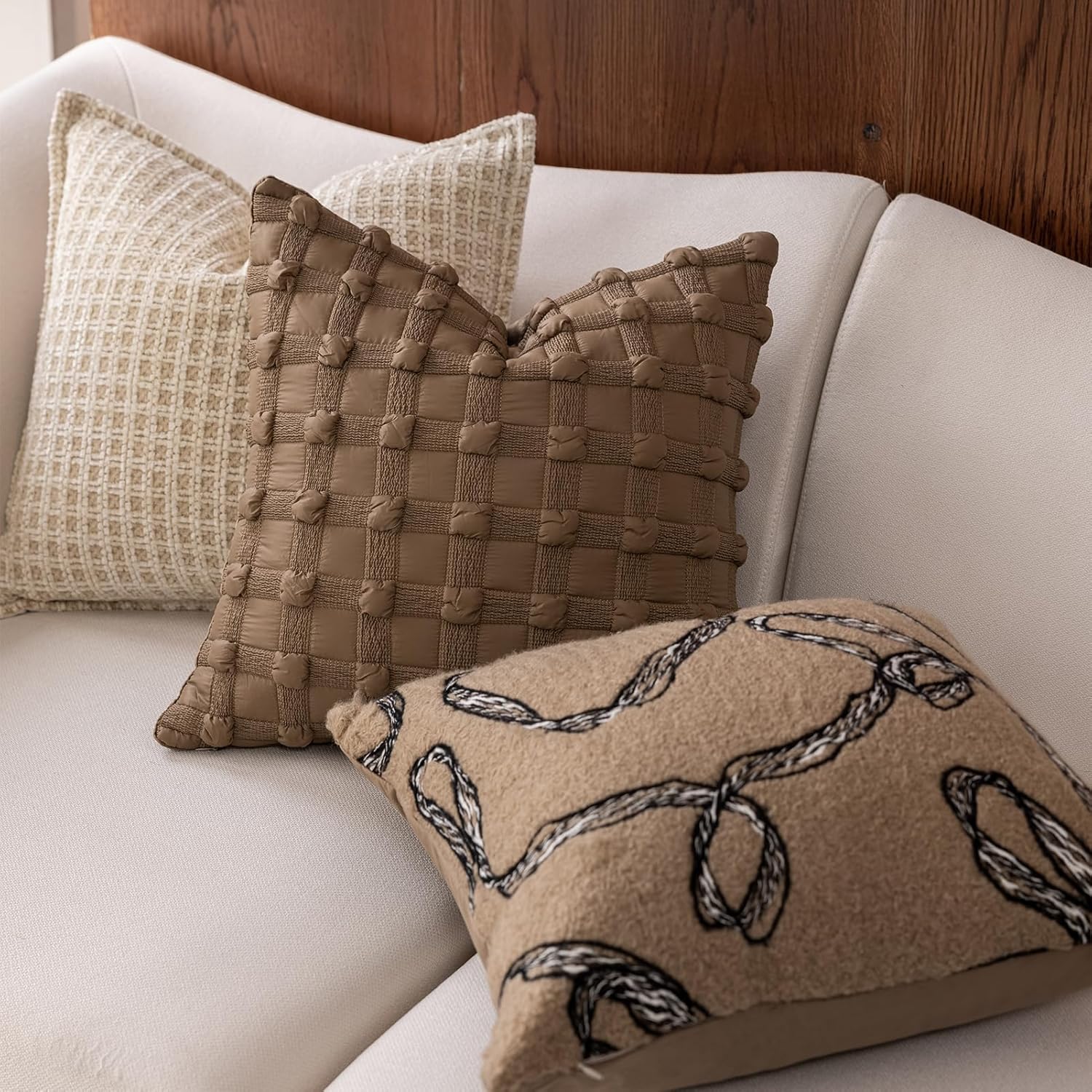 DWR 18x18 Decorative Throw Pillow Cover – Woven Textured Front with Luxurious Dark Khaki Velvet Back, Elegant Welted Trim, Neutral Beige/Brown, Modern Home Décor for Couch, Bed, Chair, Pack of 2