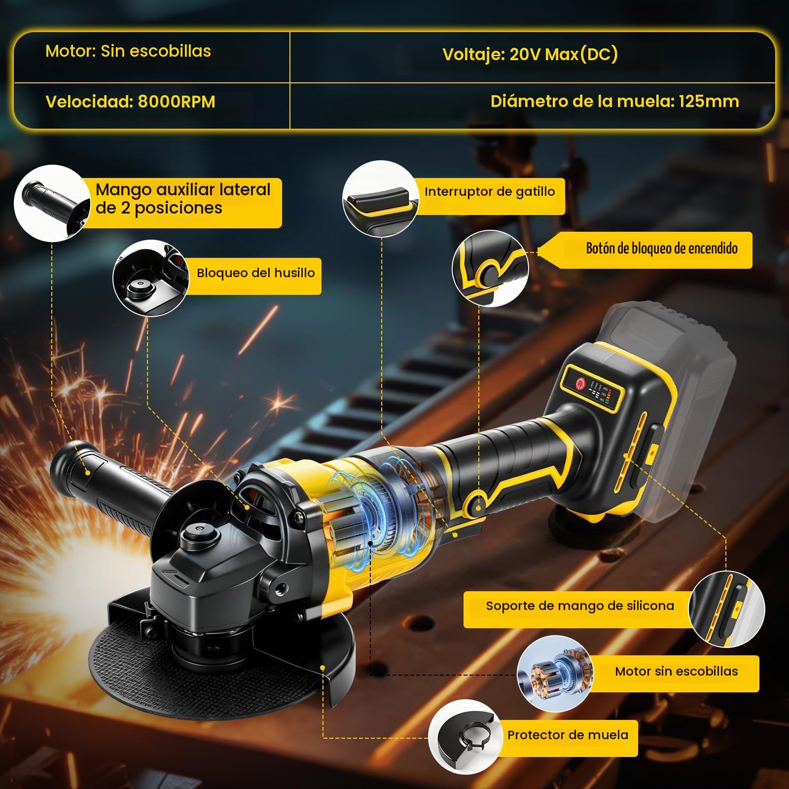 Roadtime Amoladora angular sin escobillas para DeWalt de 20V(sin batería)