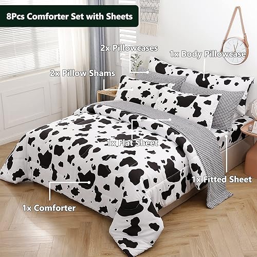 Miniatura 2 de SUCSES Juego de edredón tamaño individual con sábanas de 8 piezas con estampado de vaca, ropa de cama de piel de vaca en una bolsa para niños y