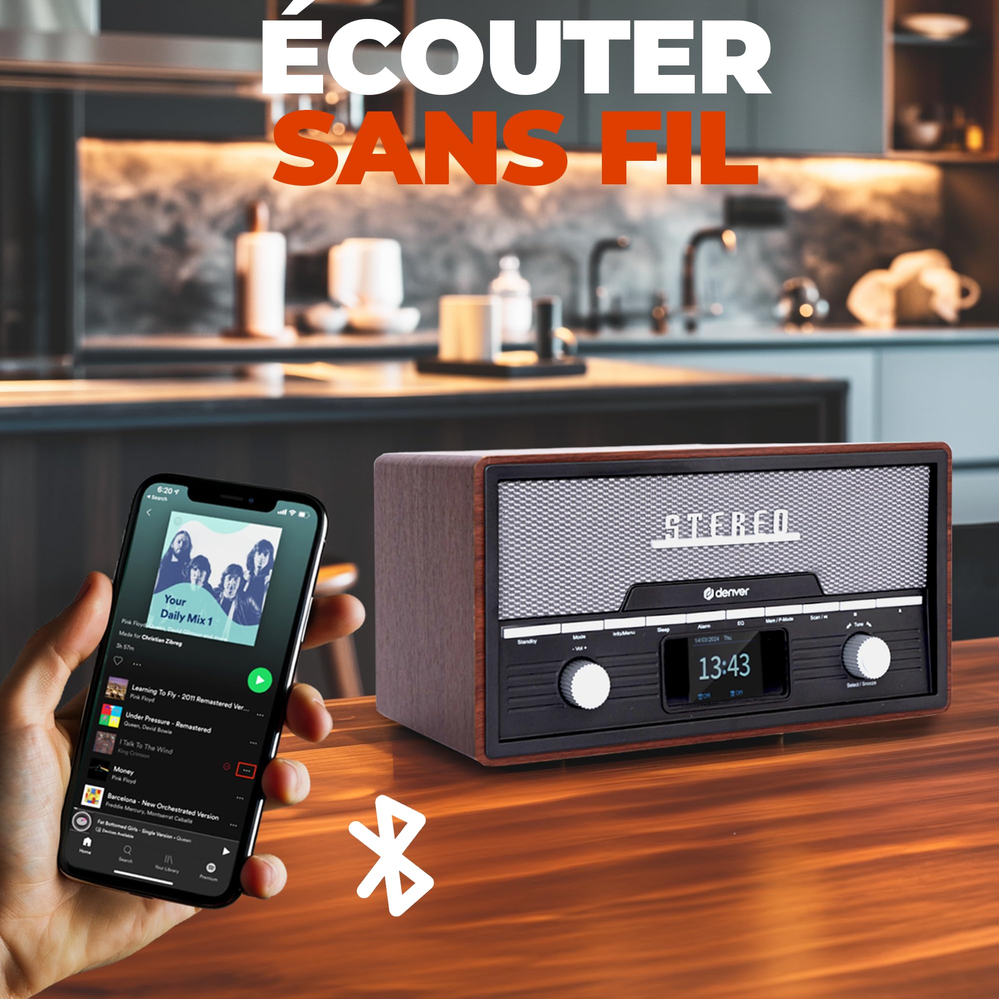 Denver MDA-525DW Micro-chaîne Dab+/FM avec CD, Bluetooth, USB, AUX, écran TFT, 2 x 5 W RMS, Bois foncé