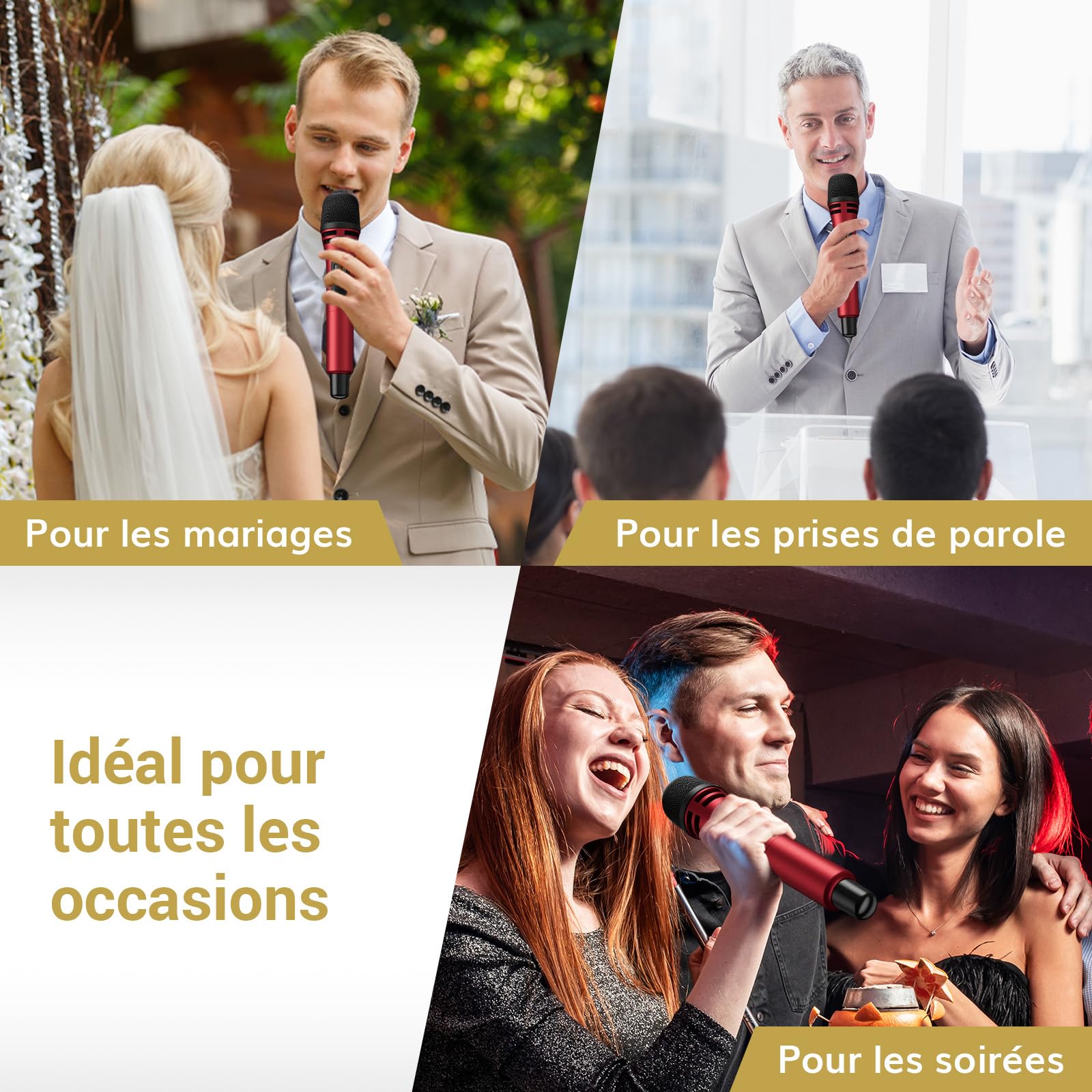 TONOR Micro Karaoke sans Fil, UHF Microphone Systèmes Dynamique Chant Portable à Main Double avec Récepteur pour Karaoké/Fête/Discours/Mariage/DJ Spectacles/Église/Conférences, 60M, Gris&Rouge,TW350
