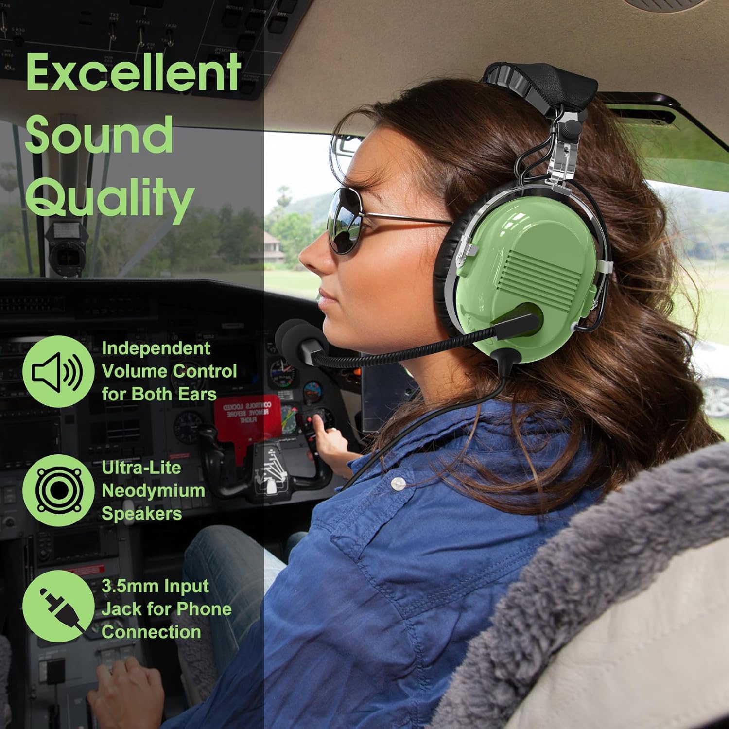 Aviation Pilot Headset Airplane Headphones Noise Cancelling Pilot Headphone with Mic NRR 24dB Anti-Noise Microphone U174 Twin Plug(Light Green)