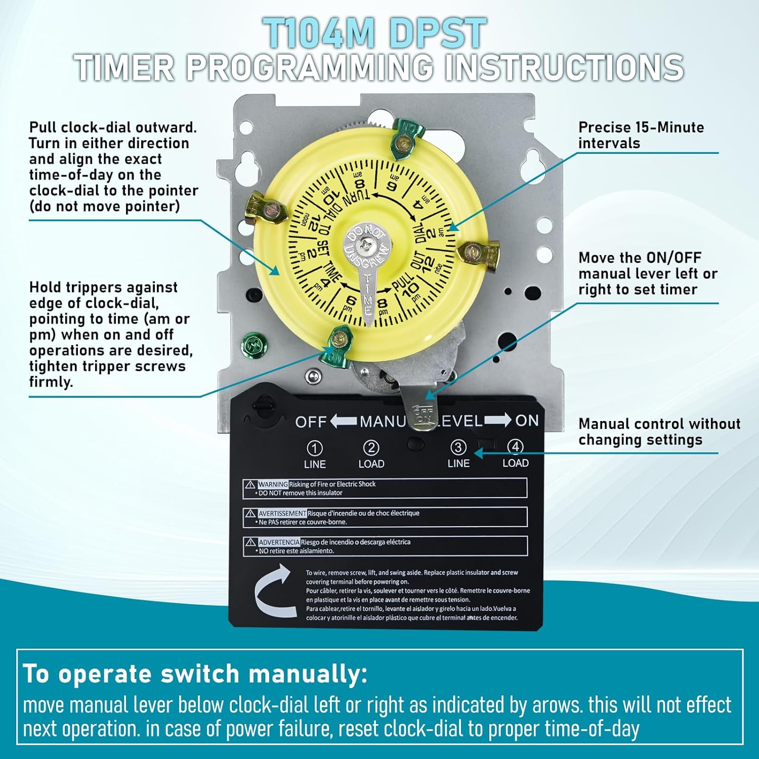 T104M Mechanical Time Switch 208-277 VAC 5HP 40A DPST Manual Override Heavy Duty Electromechanical Outdoor/Indoor Timer 24 Hours Up to 12 ON/Off 1-12 Cycles Per Day for Pool Pump Water Heater Lighting