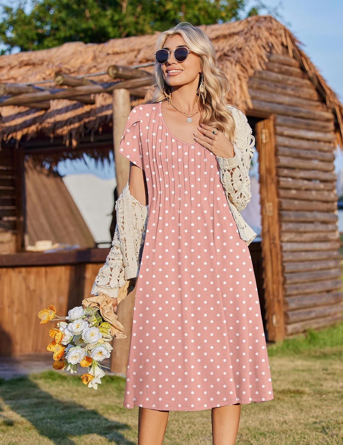 Zeagoo Womens Casual Summer Dress 2026 Short Sleeve Dresses Pleats Midi A Line Flowy Dress Boho Beach Sundress with Pockets