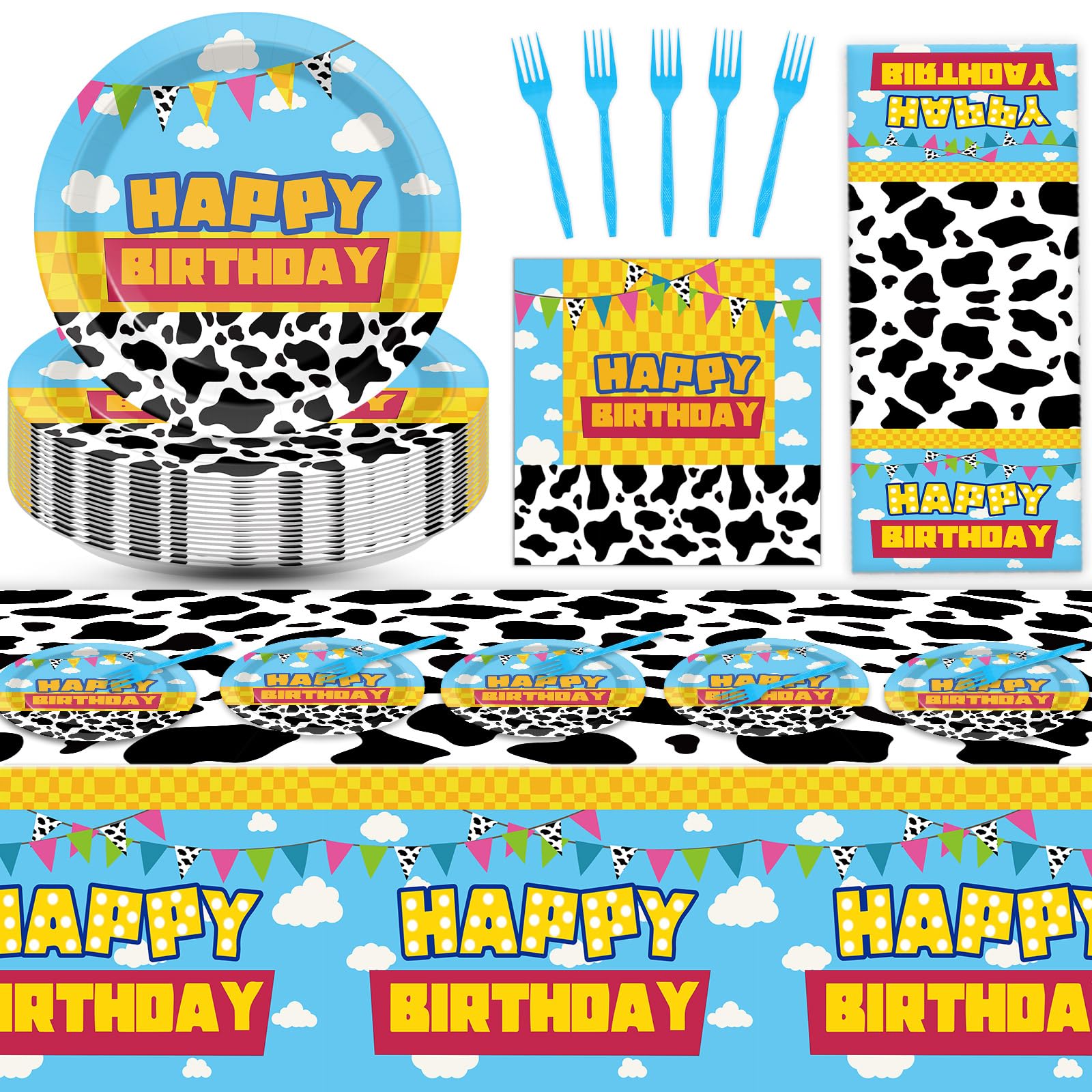 Cartoon Story Birthday Party Supplies Cow Print Party Tableware Includes Cartoon Story Party Plates Napkins Fork and Blue Sky White Clouds Tablecloth for Baby Show Parties Decorations Set Serve 20