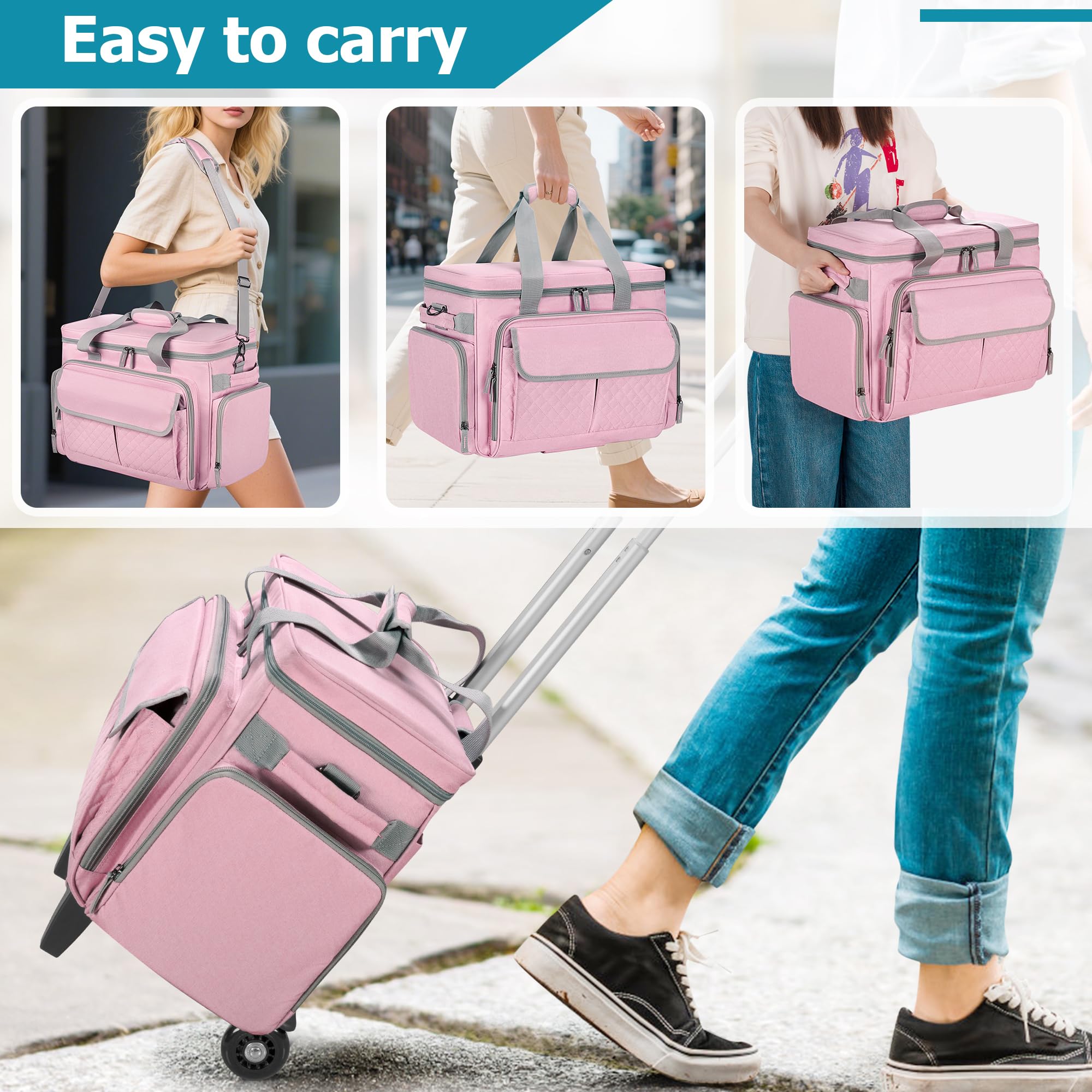 Luxja Custodia per Macchina da Cucire con Ruote e Tasche Multiple, Borsa per Macchina da Cucire con Tracolla Staccabile (Compatibile con Maggior Parte Delle Macchine da Cucire Standard), Rosa