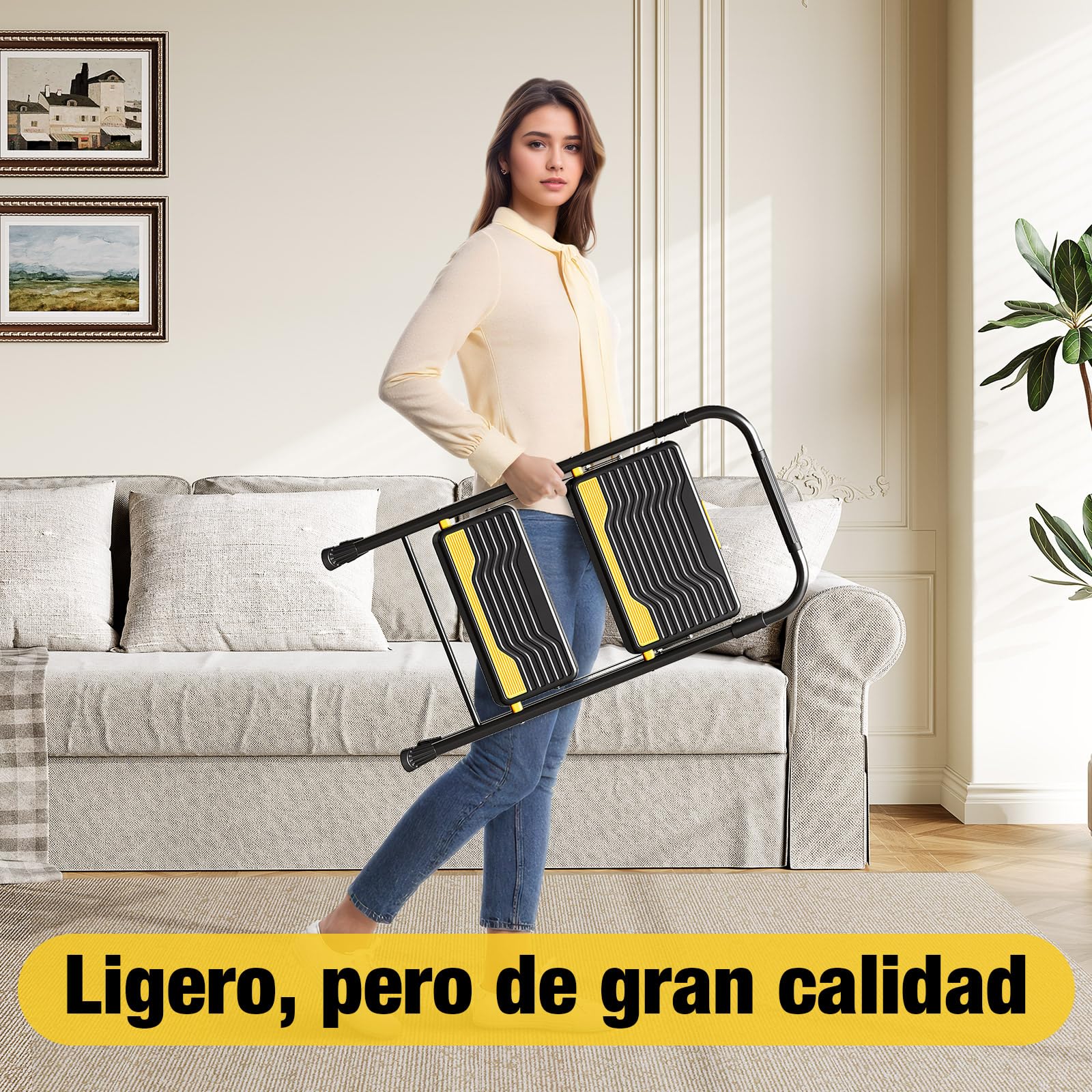 Urackify Escalera 2 Peldaños Plegable, Carga hasta 150kg, Peldaños Anchos Antideslizantes, Pasamanos de Seguridad, Compacto y Plegable, Escaleras de Tijera para Hogar, Cocina, Oficina, Despensa, Negro