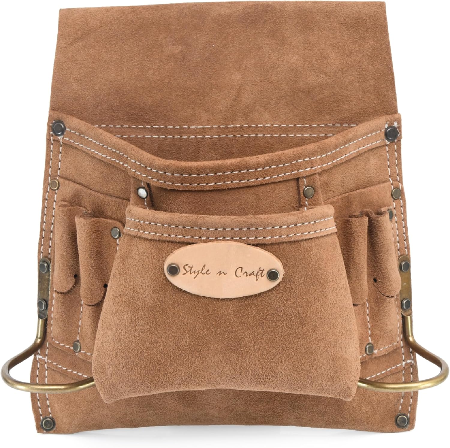Style n Craft 8-Pocket Carpenter’s Nail and Tool Pouch, Heavy-Duty Suede Leather Tool Pouch, Dark Tan (88823)