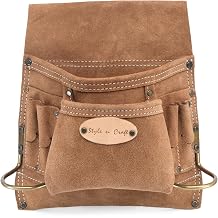Style n Craft 8-Pocket Carpenters Nail and Tool Pouch, Heavy-Duty Suede Leather Tool Pouch, Dark Tan 88823