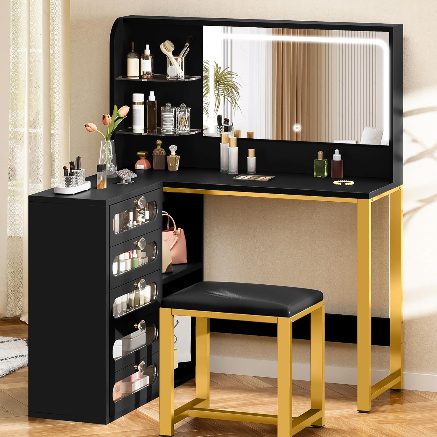 DWVO Vanity Desk with Light and Mirror, 3 Lighting Modes, L-Shaped Corner Vanity Table, 48" Large Dressing Table with 5 Tempered Glass Drawers with Open Storage Shelves