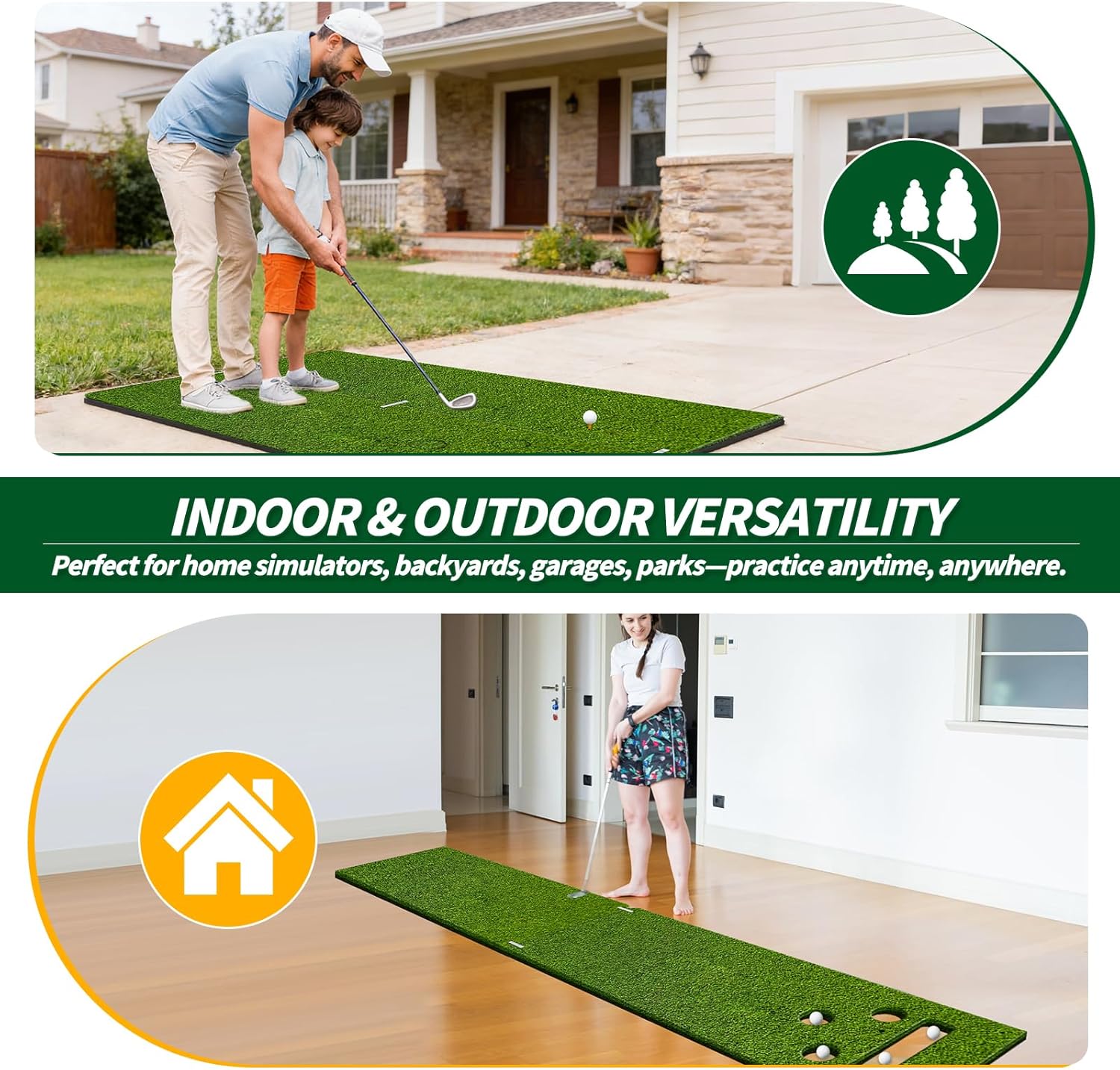 Convertible 2-IN-1 Golf Hitting Mat & Golf Putting Mat, High-Elasticity Golf Practice Mats 150000+Swing for Driving Range Chipping Simulator, 1.22/1.02in Turf Mat Outdoor Indoor Use w/Tees