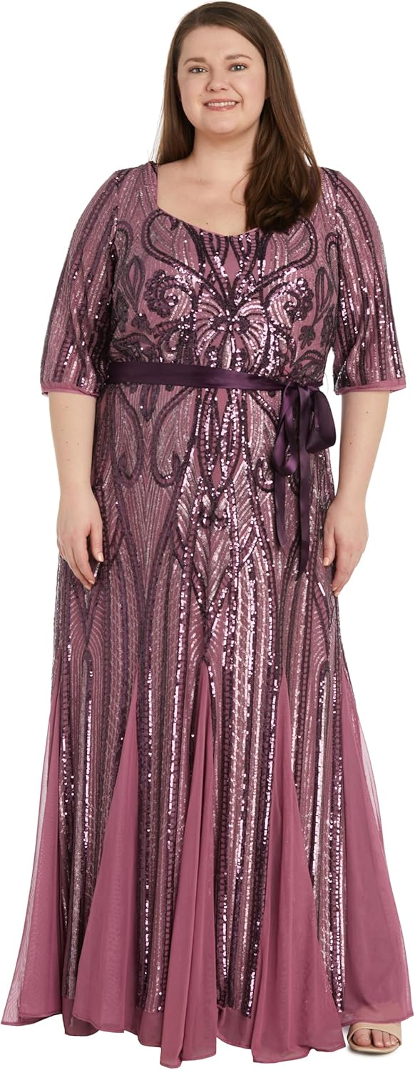 R&M Richards Women's Elegant Sequin Sweetheart Gown | 3/4 Sleeve Embellished Power Mesh Maxi Dress | Evening Cocktail Party - Image 4