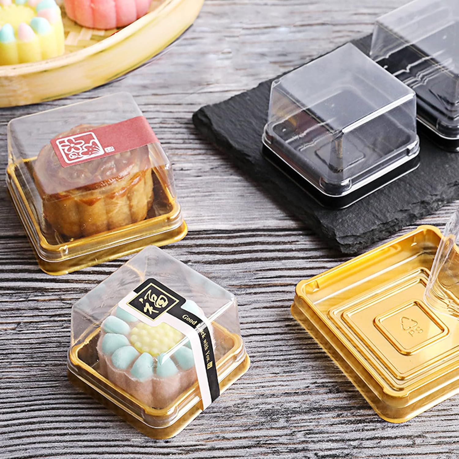 BenRan 100Pack Mooncake Box for Mooncake Mini Cakes Macarons-cookies, Moon-Cake Dessert Box with Thank You Stickers(B-3Inches-100Pack-Gold)