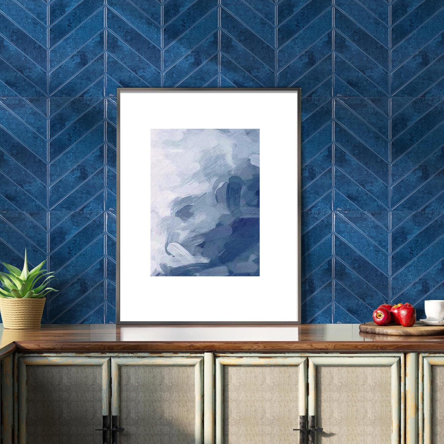 5 Pack Peel and Stick Backsplash Chevron Tiles, Extra Thick 3D Wall Panels, Heat & Water Resistant, Easy DIY Kitchen, Bathroom, Laundry, Fireplace & Rental Home Wall Décor (12 x 12 in), Blue