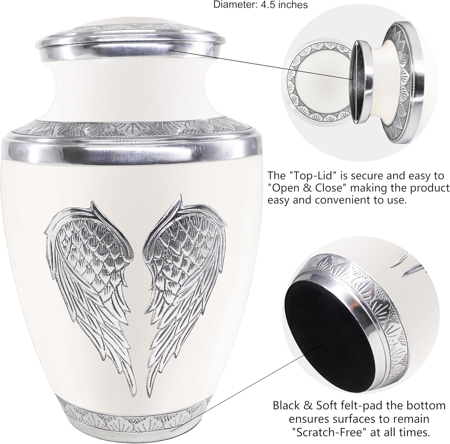 M MEILINXU Urn for Ashes for Women & Male, Cremation Urns for Human Ashes Adult Female & Man, Burial Urn, Decorative Urns for Funeral, Silver Engraved Angel Wings, White and Silvery - Large