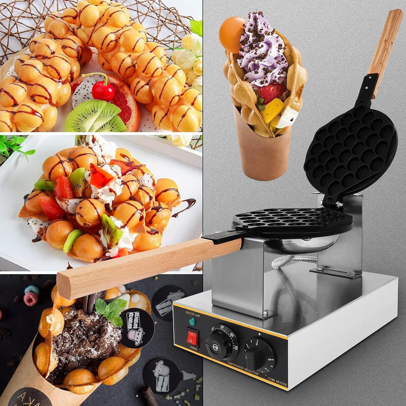 Maquina De Gofres Gofrera Profesional Waffle Bubbles,Sarten Gofres Girario 180 Grado,Ajuste de Temperatura 50-250℃,Gofrera Eléctrica 3-5min de Horneado Uniforme(Size:Cabeza única)